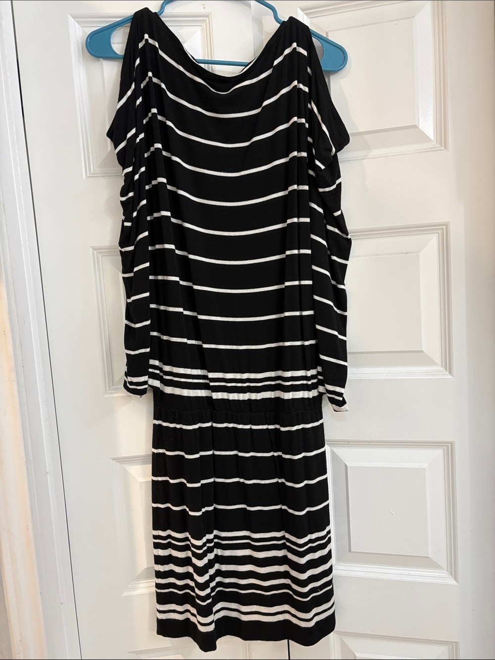 Max Studio Black and White Striped Midi Cold-Shoulder Dress